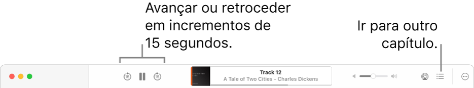 O reprodutor de audiolivros no app Livros mostrando, da esquerda para a direita, o botão Velocidade de Reprodução, os botões Avançar, Pausar e Retroceder, o título e autor do audiolivro em reprodução, o controle de volume, o botão AirPlay, o botão Índice e o botão Mais.