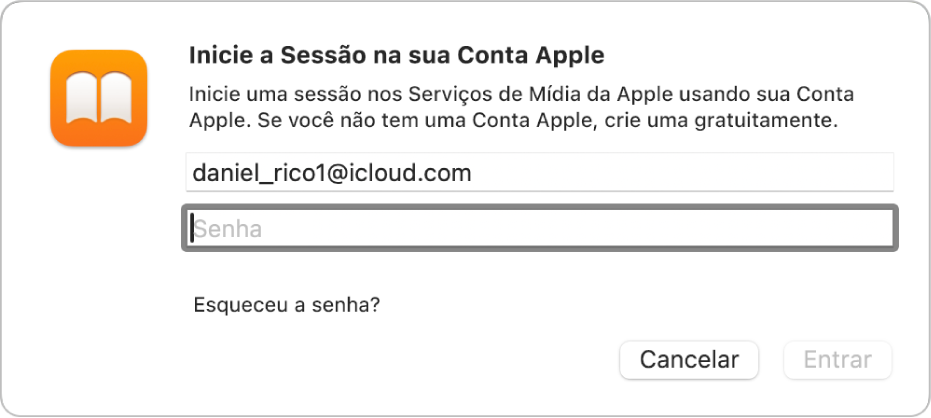 O diálogo “Inicie a Sessão na sua Conta Apple” no app Livros.