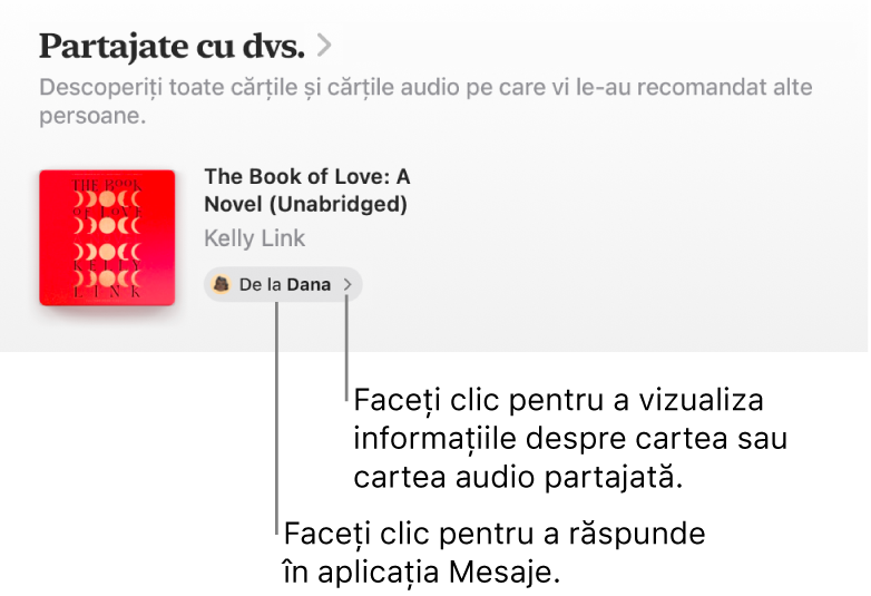 Un ecran afișând o carte din secțiunea “Partajate cu dvs.”.