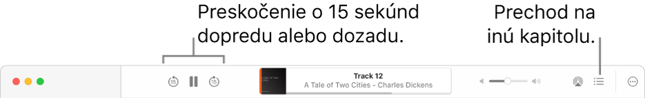 Prehrávač audiokníh v apke Knihy zobrazujúci zľava doprava tlačidlo Rýchlosť prehrávania, tlačidlá Skočiť dopredu, Pozastaviť a Skočiť dozadu, názov a autora aktuálne prehrávanej audioknihy, posuvník Hlasitosť, tlačidlo AirPlay, tlačidlo Obsah a tlačidlo Viac.