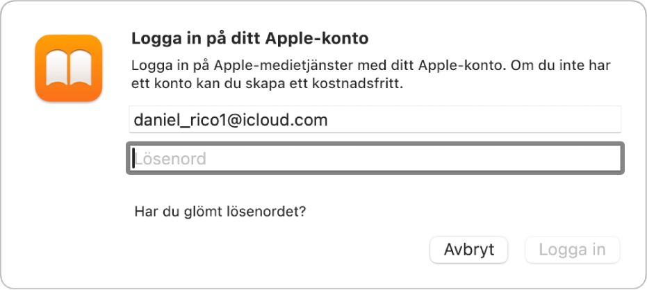 Dialogrutan Logga in på ditt Apple-konto i Böcker.