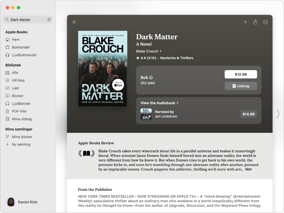Ett fönster med en boktitel i sökfältet till vänster. Till höger visas bokens sida med alternativ för att köpa boken eller ljudboken eller läsa ett utdrag. I fönstret visas även recensioner och en kommentar från utgivaren.