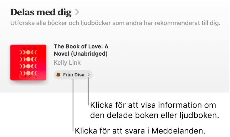 En skärm visar en bok i avsnittet Delas med dig.