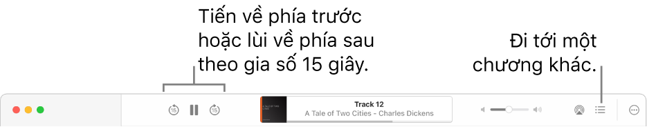 Trình phát sách nói trong Sách đang hiển thị, từ trái sang phải, nút Tốc độ phát lại, các nút Tiến về trước, Tạm dừng và Lùi về sau, tiêu đề và tác giả của sách nói hiện đang phát, thanh trượt Âm lượng, nút AirPlay, nút Bảng mục lục và nút Thêm.