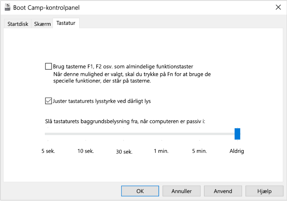 Boot Camp-kontrolpanel, der viser vinduet med tastaturindstillinger, hvor du kan indstille tastaturets lysstyrke og vælge, hvordan funktionstasterne skal virke.