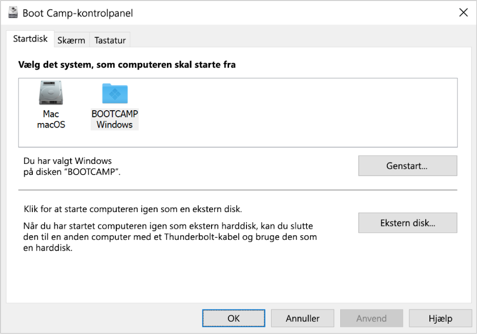 Boot Camp-kontrolpanel, der viser vinduet til valg af startdisk, som også giver mulighed for at vælge at genstarte computeren eller bruge computeren som ekstern harddisk.