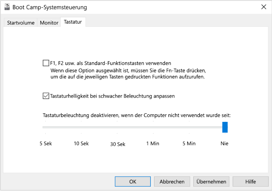 Systemsteuerung „Boot Camp“ mit den Optionen im Bereich „Tastatur“, in dem du Einstellungen für die Tastaturhelligkeit und für die Funktionsweise der Funktionstasten auswählen kannst.