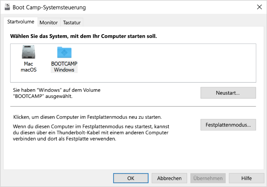 Systemsteuerung „Boot Camp“ mit dem Abschnitt für die Auswahl des Startvolumes, der auch Optionen zum Neustarten des Computers oder zur Verwendung des Computers im Festplattenmodus enthält.