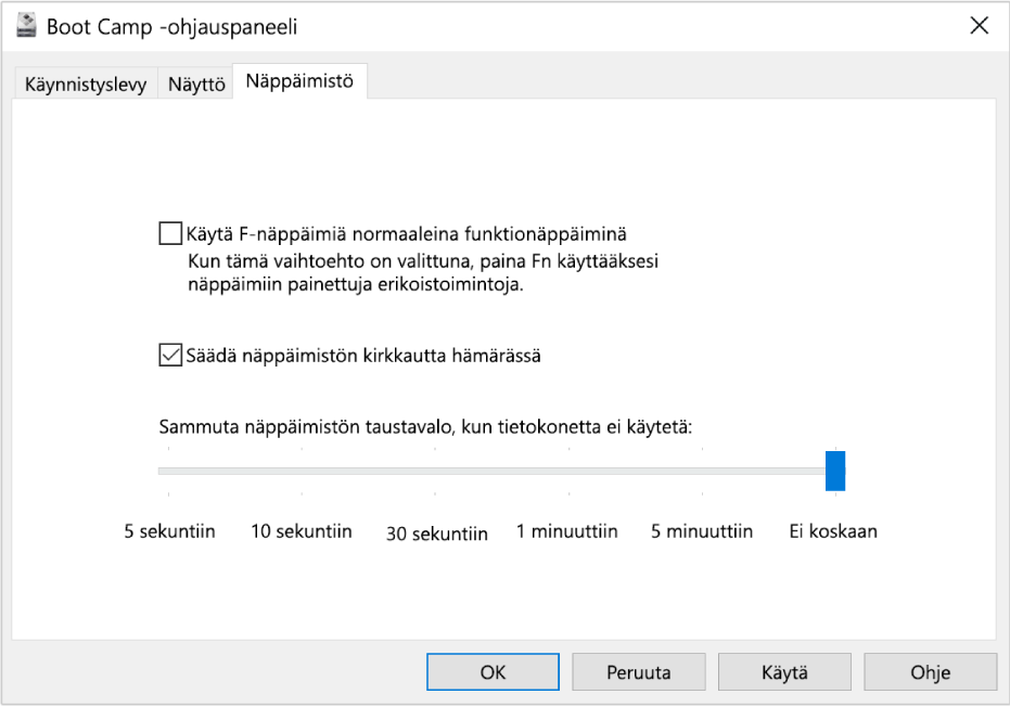 Boot Camp -ohjauspaneeli, jossa näkyy Näppäimistön valinnat -paneeli, josta voit valita näppäimistön kirkkausasetukset ja toimintonäppäinten toimintatavan.