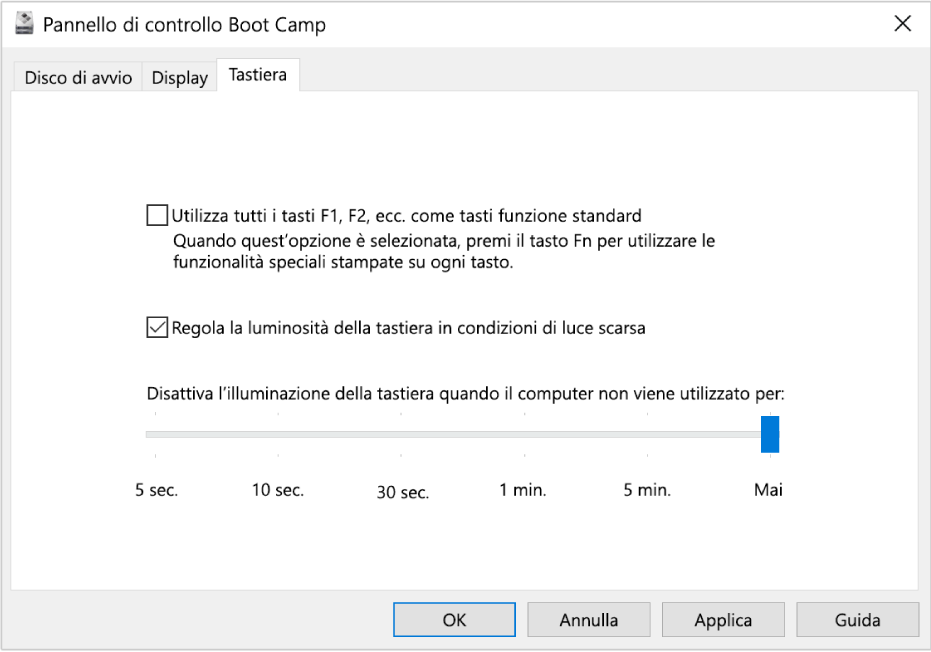 Pannello di controllo di Boot Camp mostrante le opzioni della tastiera dove è possibile scegliere la luminosità e il funzionamento dei tasti.