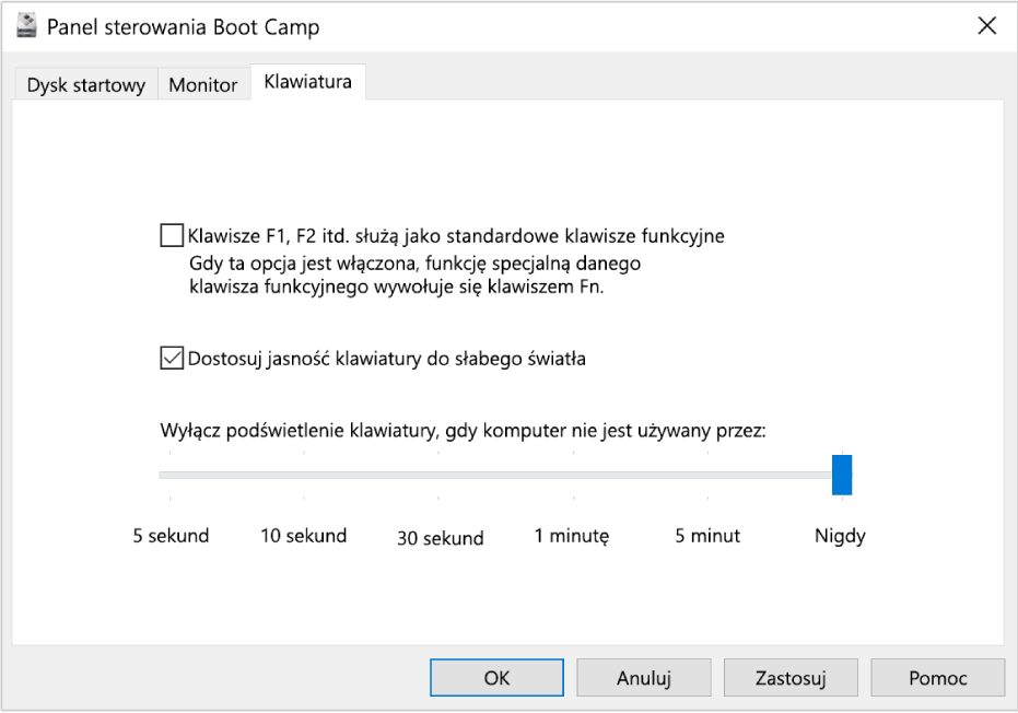 Panel sterowania Boot Camp z widocznym panelem zawierającym opcje klawiatury, gdzie możesz wybrać ustawienia jasności klawiatury oraz sposób działania klawiszy funkcyjnych.