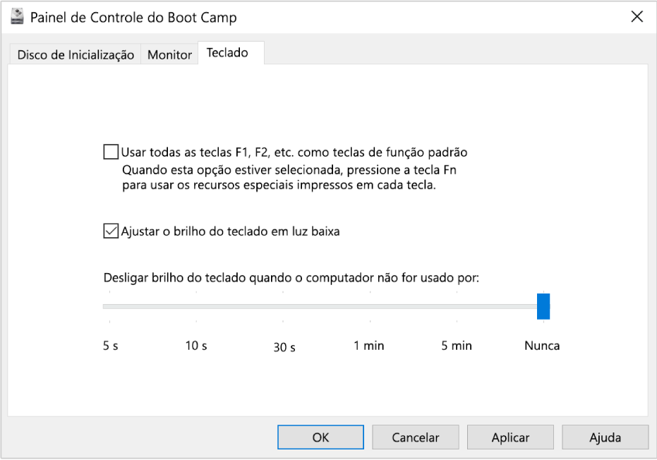 Painel de Controle do Boot Camp mostrando o painel de opções de Teclado, onde você pode escolher os ajustes de brilho do teclado e como as teclas de função operam.