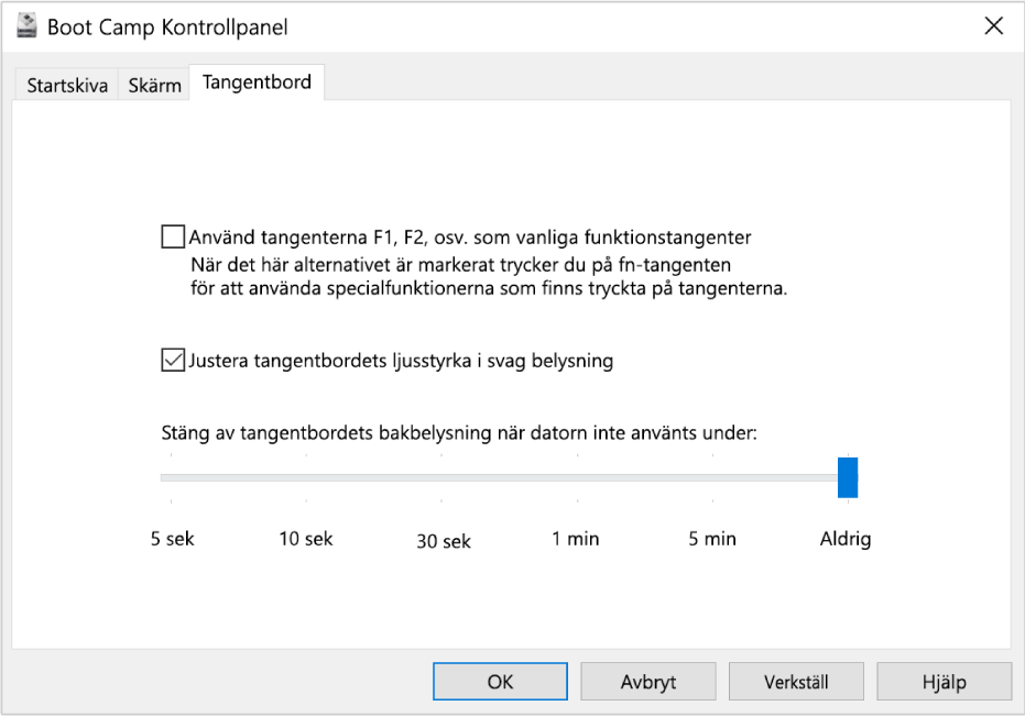 Boot Camp-kontrollpanel visar alternativpanelen Tangentbord där du kan välja inställningar för tangentbordets ljusstyrka och vad funktionstangenterna ska göra.