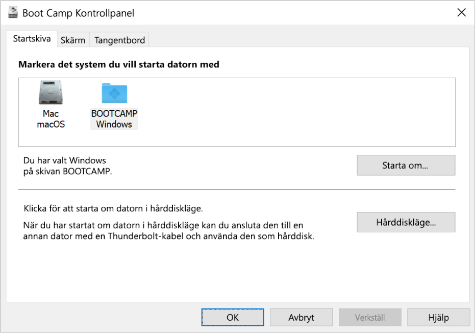 Boot Camp-kontrollpanel visar valpanelen för startskiva som även innehåller alternativ för att starta om datorn eller använda datorn i hårddiskläge.