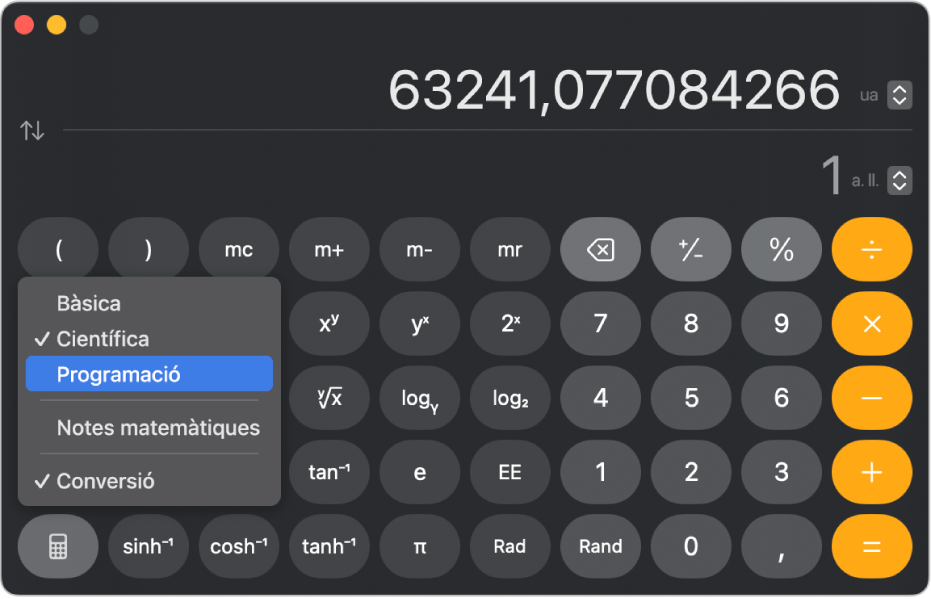 Una calculadora en el mode "Científica" en què es mostra una conversió d'unitats astronòmiques a anys llum.