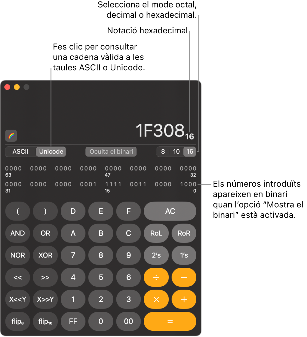 Una calculadora en el mode “Programador”.