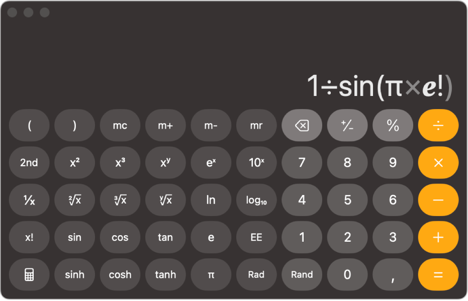 Kalkulačka ve vědeckém režimu zobrazující zadaný matematický výraz