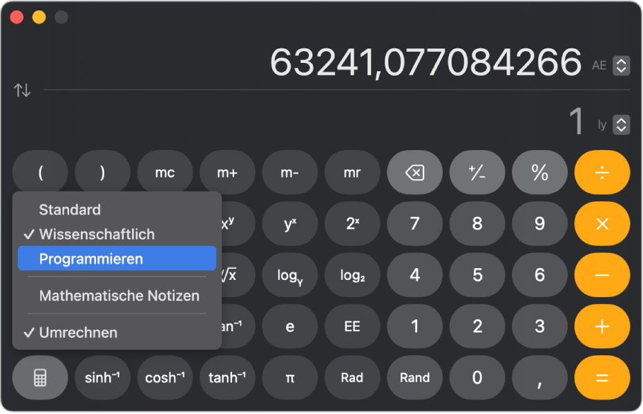 Ein Rechner im wissenschaftlichen Modus zeigt eine Umrechnung von astronomischen Einheiten in Lichtjahre.