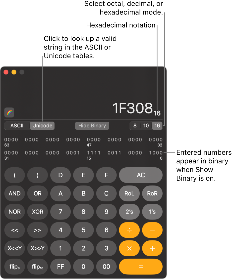 A calculator in programmer mode.