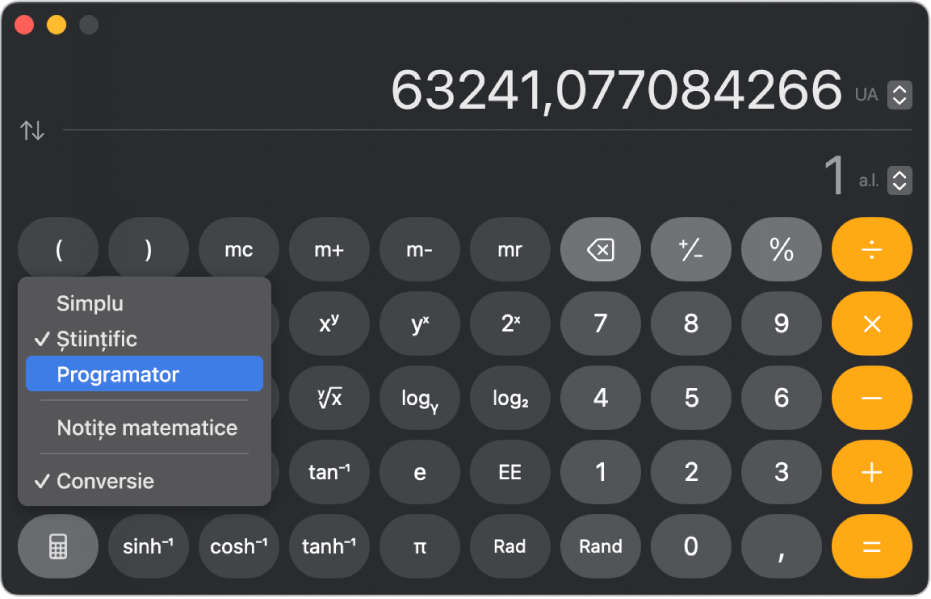 Un calculator în modul științific afișând o conversie din unități astronomice în ani‑lumină.