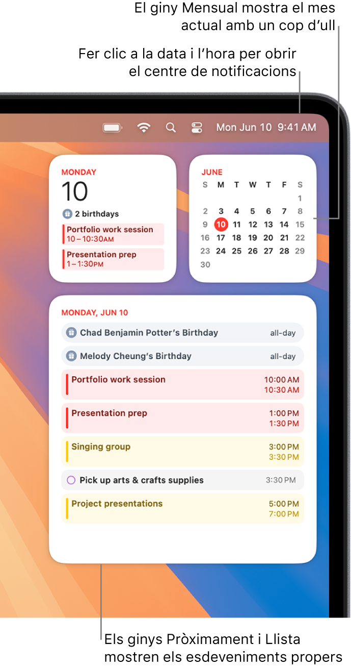 Tres ginys del Calendari: el giny Després i el giny Llista, que mostren els esdeveniments propers del dia actual, i el giny Mes que mostra el mes actual. Fes clic a la data i l’hora a la barra de menús per obrir el centre de notificacions i personalitzar els ginys.