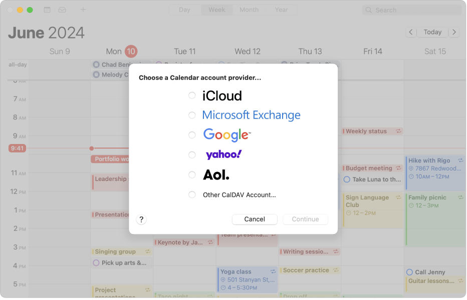 Finestra de l’app Calendari on es mostra el quadre de diàleg del compte.