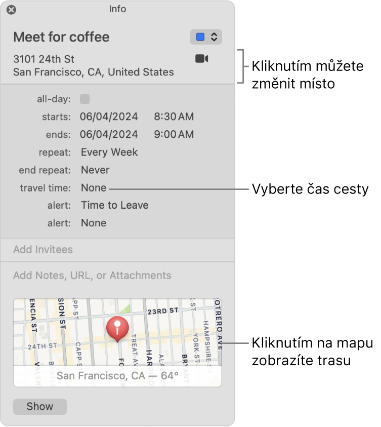 Okno obsahující podrobnosti události s ukazatelem na místní nabídce Čas cesty. Místo můžete změnit po kliknutí na něj. V místní nabídce vyberte čas cesty. Kliknutím na mapu můžete zobrazit trasu