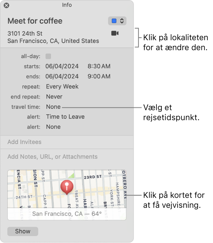 Infovinduet for en begivenhed, med markøren over lokalmenuen Rejsetid. Klik på lokaliteten for at ændre den. Vælg en rejsetid på lokalmenuen. Klik på kortet for at få vejvisning.