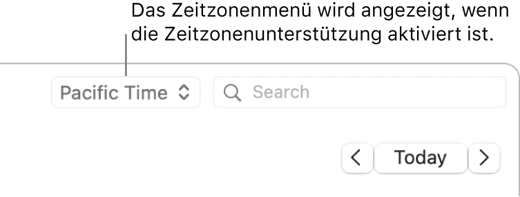 Das Zeitzonenmenü wird links neben dem Suchfeld angezeigt, wenn du die Zeitzonenunterstützung aktivierst