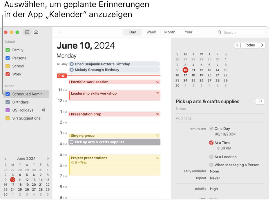 Ein Kalenderfenster in der Tagesansicht zeigt die Kalenderliste und das ausgewählte Markierungsfeld „Geplante Erinnerungen“. Die Tagesansicht zeigt Ereignisse und eine geplante Erinnerung mit dem Bereich „Erinnerungen hinzufügen“ auf der rechten Seite.