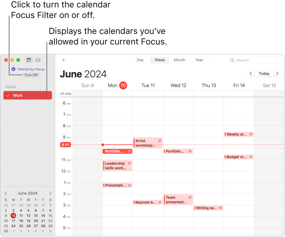 A Calendar window in Week view showing only the Work calendar in the sidebar after the Work Focus has been turned on.