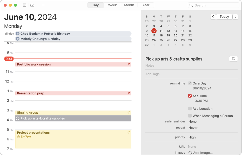 A Calendar window in Day view showing events, a scheduled reminder and the area to add reminders on the right.