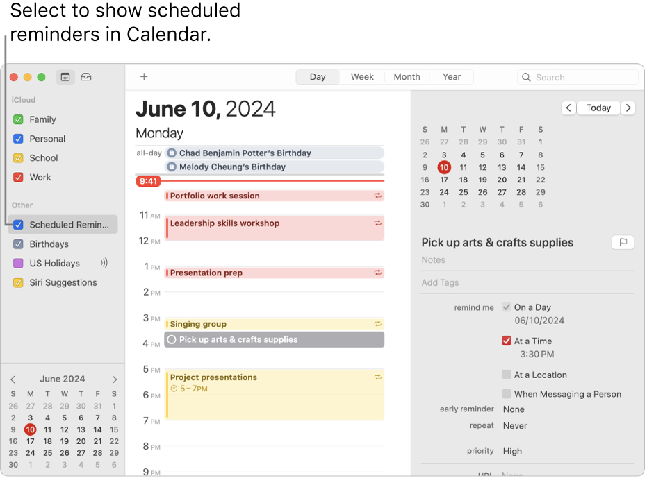 A Calendar window in Day view showing the calendar list and the selected Scheduled Reminders tick box. The Day schedule shows events and a scheduled reminder with the Add Reminders area on the right.