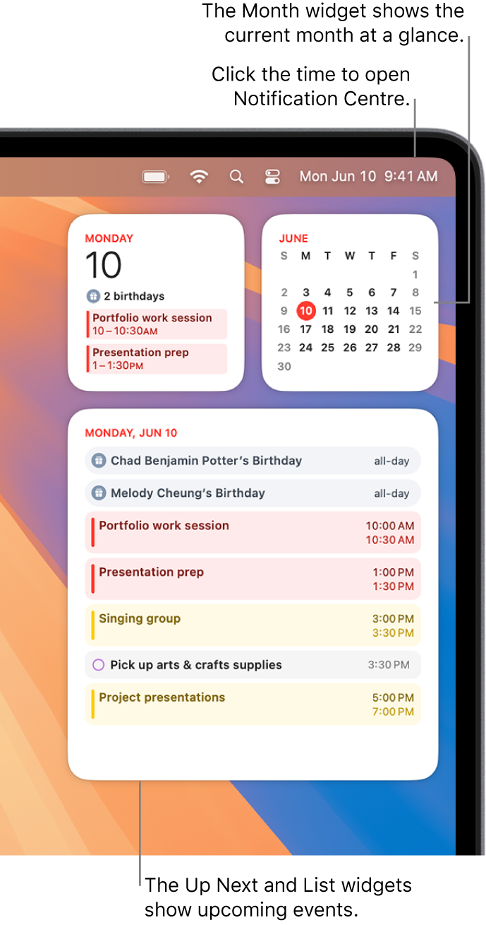 Three Calendar widgets — an Up Next widget, a List widget showing upcoming events for the current day, and a Month widget showing the current month. Click the date and time in the menu bar to open Notification Centre and customise widgets.