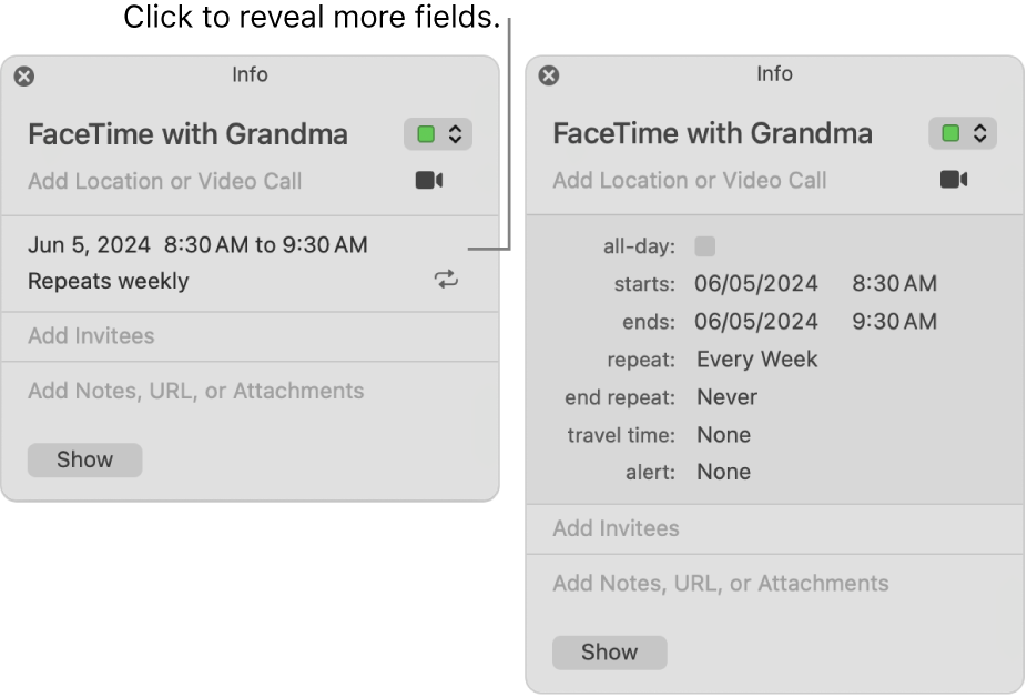 The image on the left shows an unexpanded Info window for an event. On the right, the Info window for the same event is expanded to show additional fields, such as starts, ends, repeat and travel time.