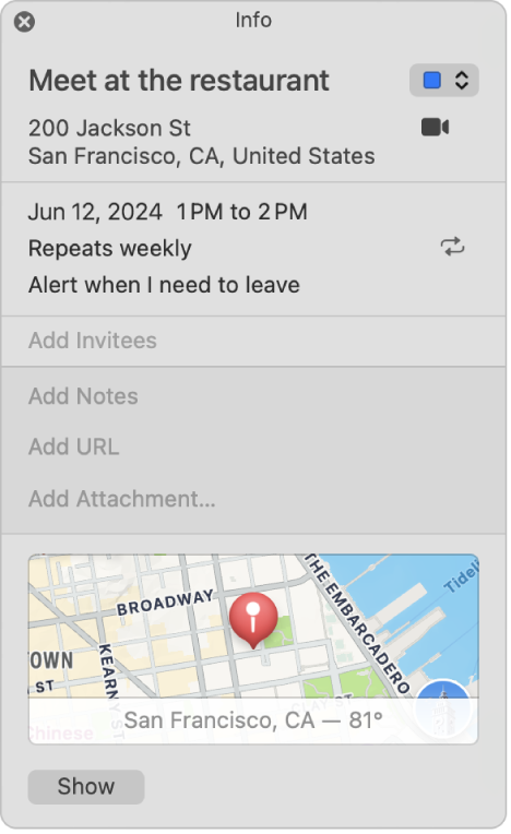 A Calendar event Info window. The event details are shown, including the location name and address and a small map.