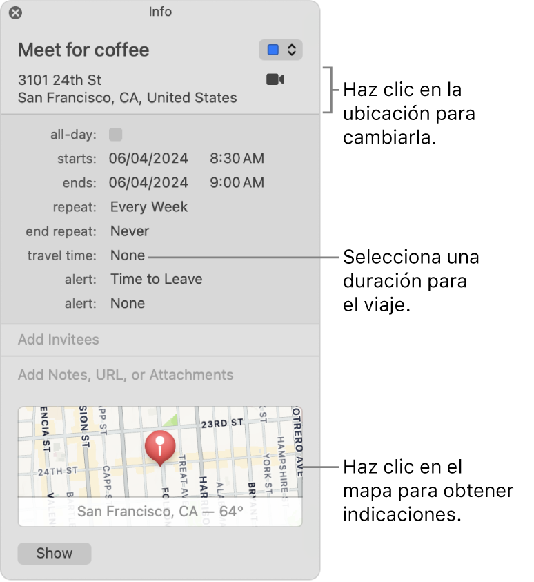 Ventana de información de un evento, con el puntero sobre el menú desplegable Duración del viaje. Haz clic en la ubicación para cambiarla. Selecciona una duración de viaje en el menú desplegable. Haz clic en el mapa para obtener indicaciones.