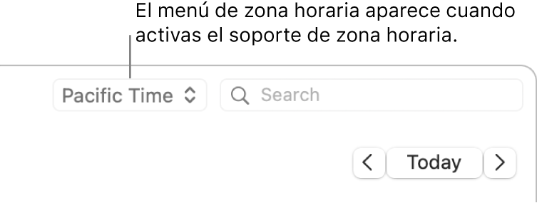 El menú de zona horaria aparecerá a la izquierda del campo de búsqueda cuando actives la compatibilidad con las zonas horarias