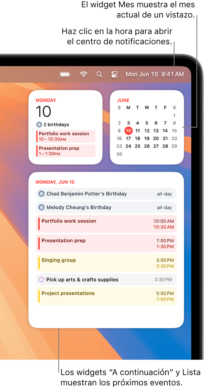 Tres widgets de Calendario: un widget “A continuación” y un widget Lista que muestran los eventos próximos del día actual y un widget Mes con el mes actual. Haz clic en la fecha y la hora de la barra de menús para abrir el centro de notificaciones y personalizar los widgets.