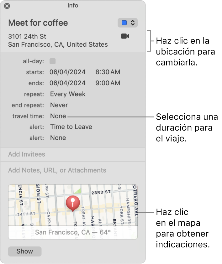 Ventana de información de un evento con el puntero sobre el menú desplegable “Tiempo de viaje”. Haz clic en la ubicación para cambiarlo. Selecciona un tiempo de viaje en el menú desplegable. Haz clic en el mapa para obtener las rutas.