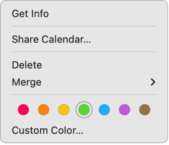 El menú de función rápida de Calendario con las opciones de color.