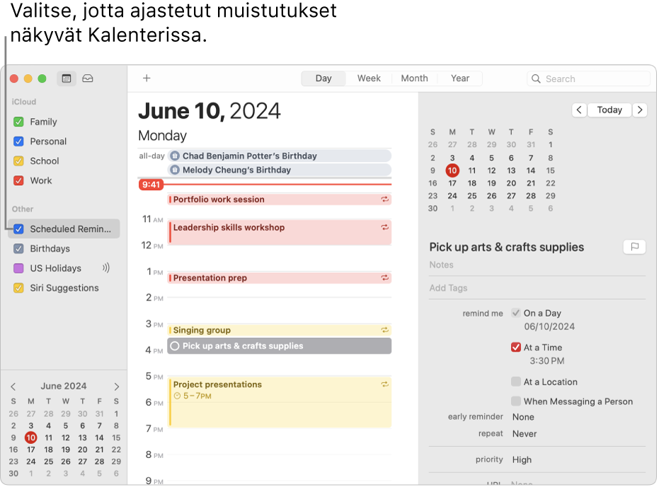Kalenteri-ikkunan Päivä-näkymä, jossa näkyy kalenteriluettelo ja jossa Ajastetut muistutukset -valintaneliö on valittuna. Päivän aikataulussa näkyy tapahtumia ja ajastettu muistutus, ja muistutusten lisäysosio näkyy oikealla.
