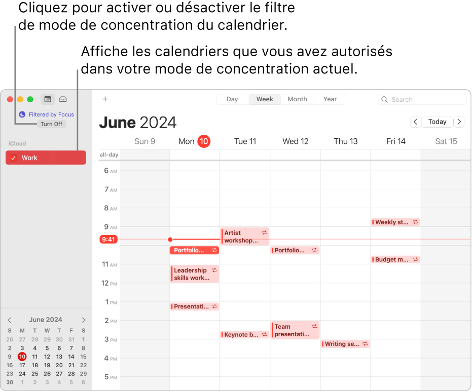 Une fenêtre Calendrier en présentation Semaine qui affiche seulement le calendrier Travail dans la barre latérale après l’activation du mode de concentration « Travail ».