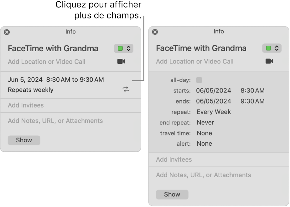 Fenêtre d’informations d’un événement avec les détails masqués (à gauche), puis la même fenêtre d’informations avec les détails relatifs à la durée affichés (à droite).