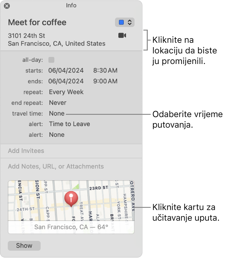Prozor s informacijama za događaj, s pokazivačem preko skočnog izbornika Trajanje putovanja. Kliknite na lokaciju da biste je promijenili. Odaberite vrijeme putovanja iz skočnog izbornika. Kliknite na mapu kako biste dobili upute.