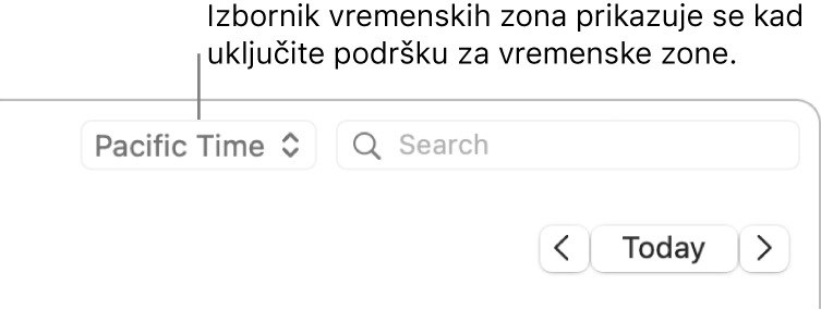 Izbornik vremenske zone pojavljuje se s lijeve strane polja za pretraživanje kada uključite podršku za vremensku zonu