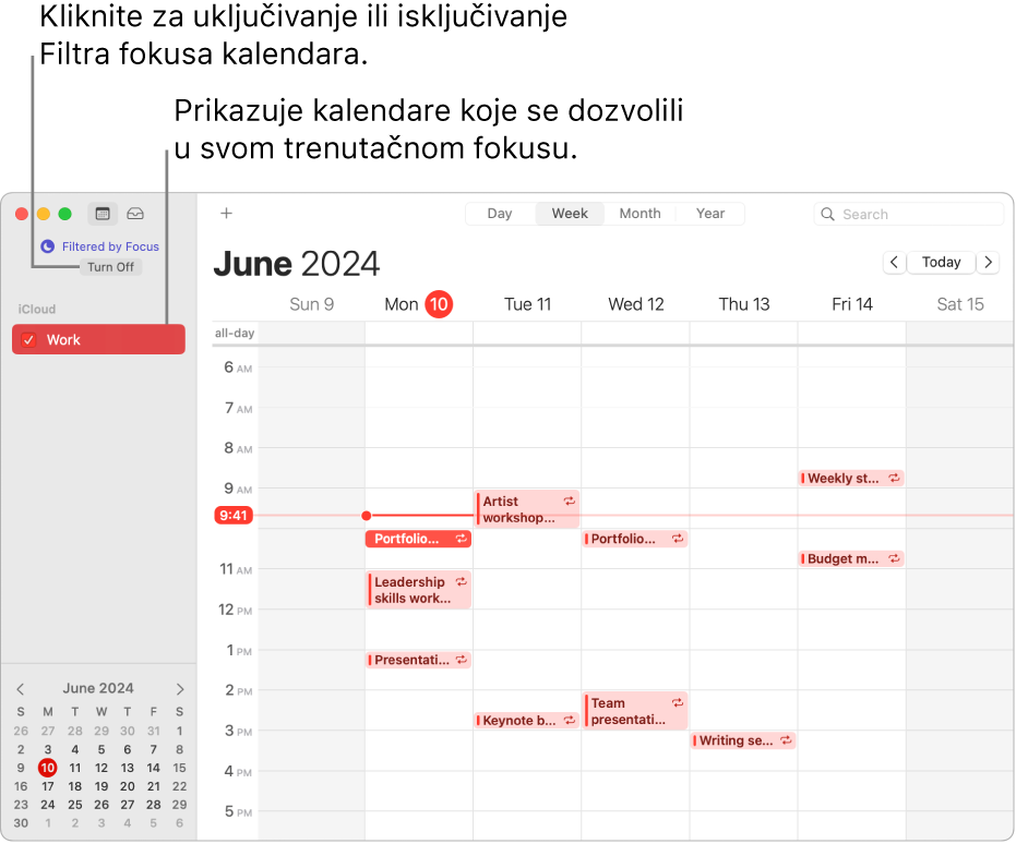 Prozor Kalendar u tjednom prikazu prikazuje samo kalendar Posao u rubnom stupcu, nakon što je uključen fokus Posao.