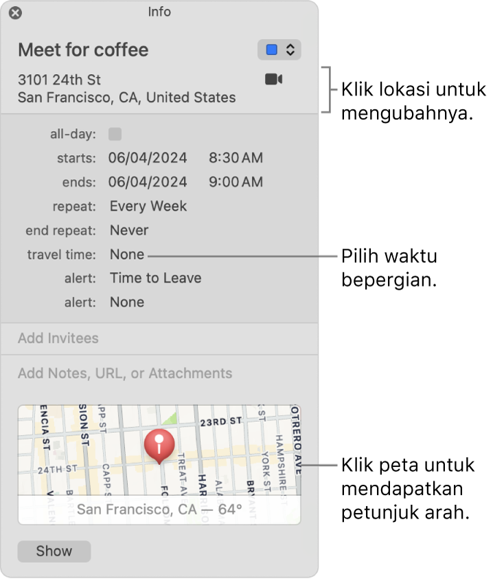Jendela info untuk acara, dengan penunjuk di atas menu pop-up Waktu Perjalanan. Klik lokasi untuk mengubahnya. Pilih waktu perjalanan dari menu pop-up. Klik peta untuk mendapatkan petunjuk arah.