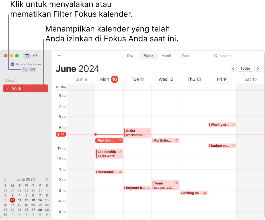 Jendela Kalender dalam tampilan Minggu hanya menampilkan kalender Kerja di bar samping setelah Fokus Kerja dinyalakan.