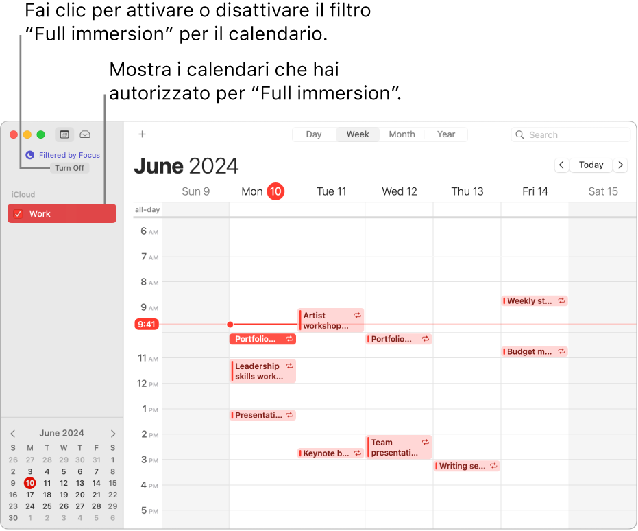 Una finestra Calendario nella vista Settimana che mostra solo il calendario di lavoro nella barra laterale dopo che è stato attivata la full immersion Lavoro.